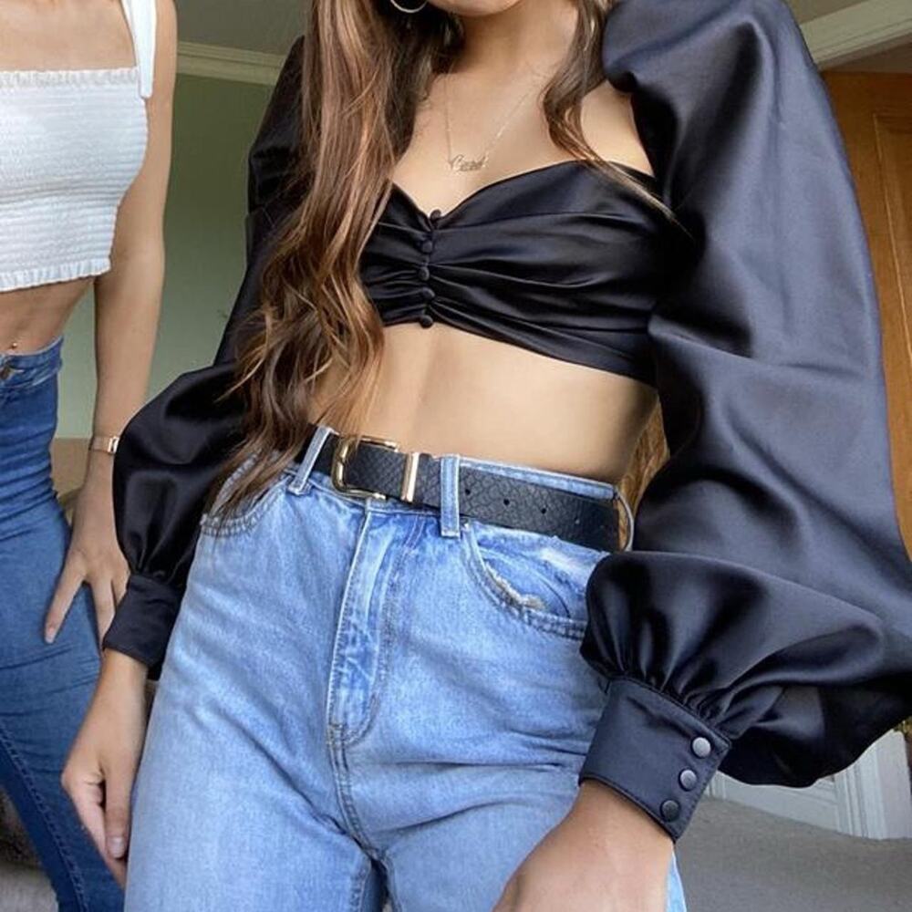 House of CB Jana Black Satin Puff Balloon Sleeve Witchy Dark Romantic Size Large